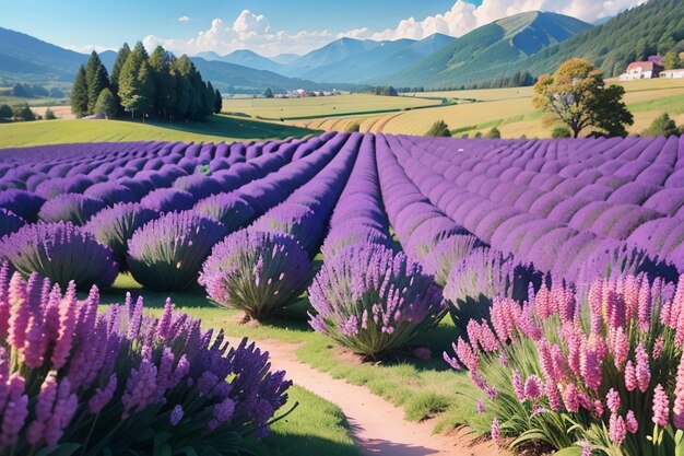 A field of lavender with mountains in the background