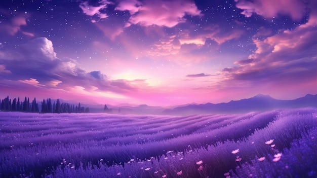 Photo a field of lavender with mountains and clouds in the sky