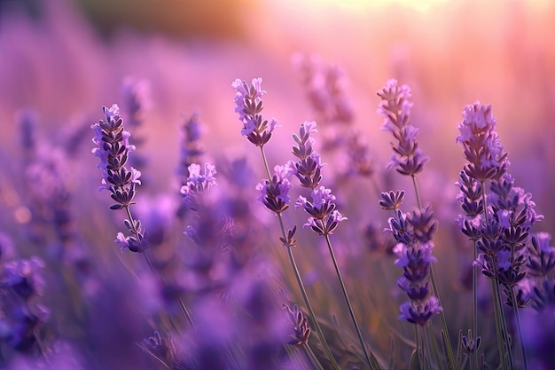 A field of lavender with a pink background