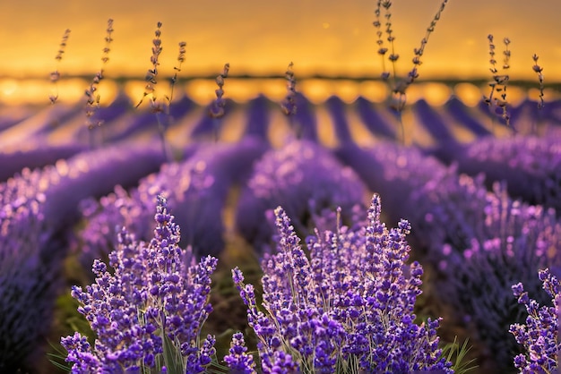 A field of lavender with the sun setting behind it