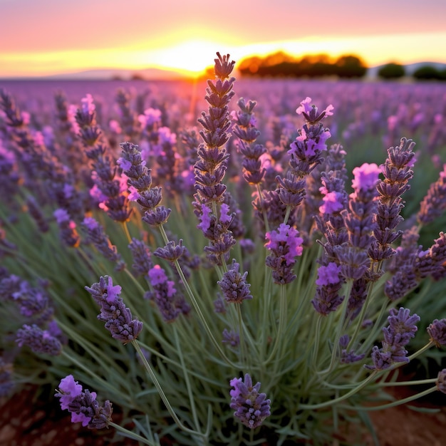 A field of lavender with the sun setting behind it