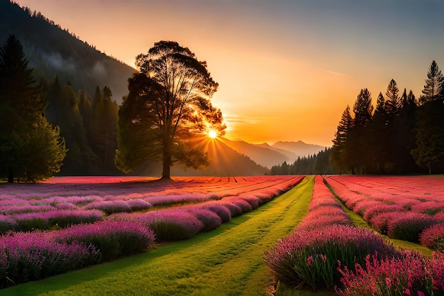 A field of lavender with the sun setting behind it