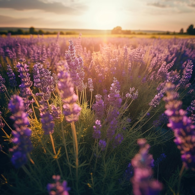 A field of lavender with the sun setting behind it