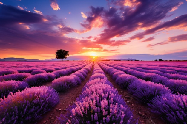 A field of lavender with a tree in the distance