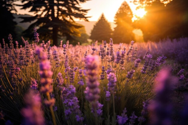 a field of lavender with trees in the background