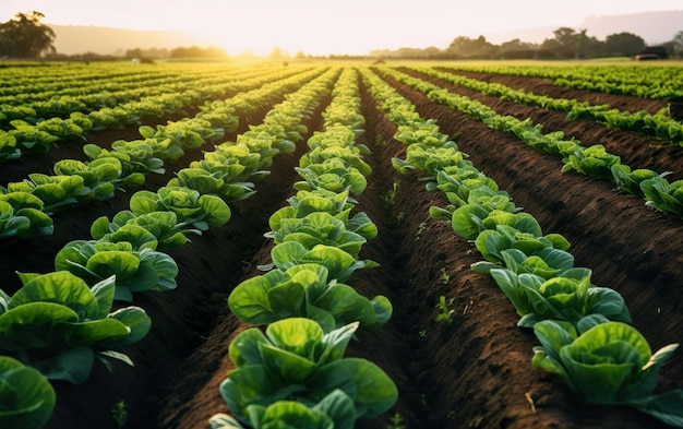 A field of lettuce is shown at sunset.