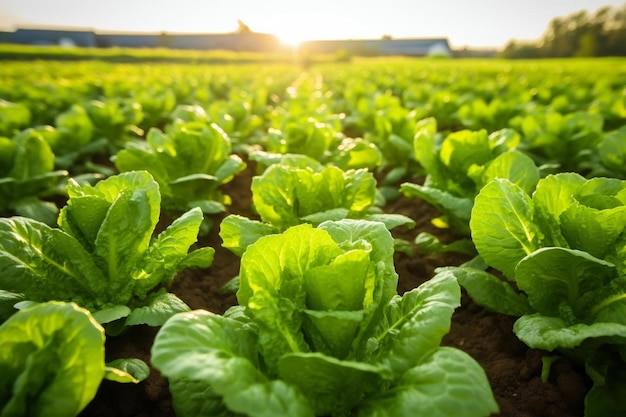 a field of lettuce with the sun behind them.