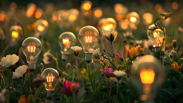 A field of light bulbs in the form of flowers as a concept for energy saving AI Generated