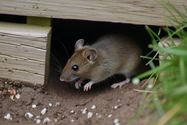 Field mouse darting out of a hole under a wooden fence