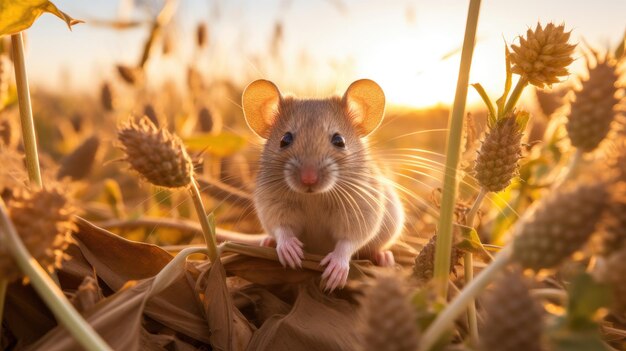 自然の生息地で田んぼのネズミが穀物の作物を ⁇ む この場面は ⁇ 自然の微妙なバランスとネズミの機敏さを描いています