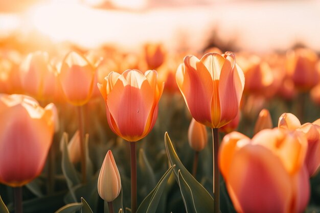 Foto field of beautiful orange petaled tulips