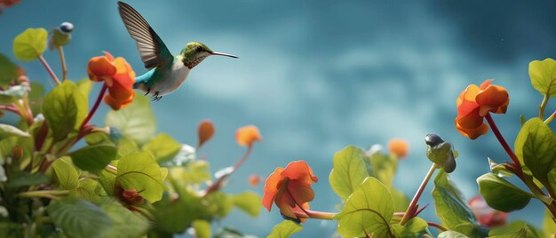 写真 花の畑 花の庭の上を飛ぶハミングバード