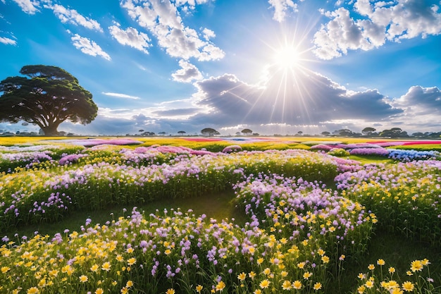 写真 空に輝く太陽と一緒に花の畑