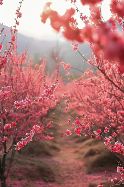 写真 背景 に 山 が ある ピンク の 花 の 畑