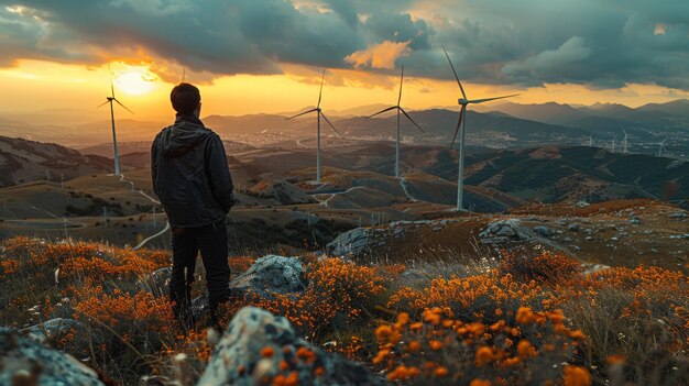 Photo field and offshore wind farms green power and ecology saving