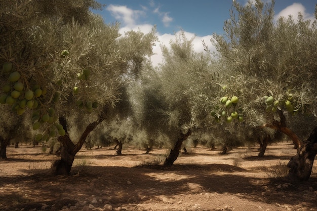 A field of olive trees with the word olives on it