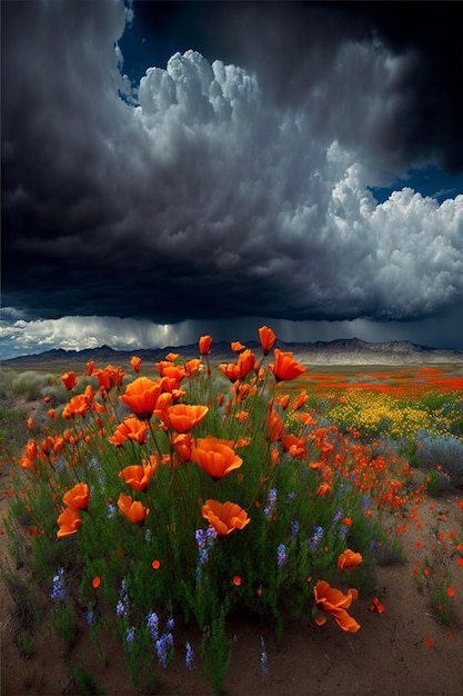 Field of orange flowers under a cloudy sky generative ai