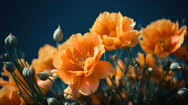 A field of orange flowers with a blue sky in the background