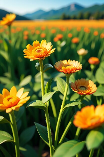 緑の茎とその上にオレンジの文字があるオレンジ色の花のフィールド