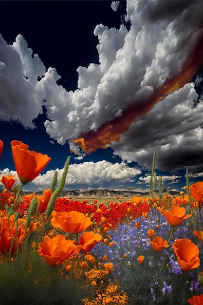 Field of orange and purple flowers under a cloudy sky generative ai