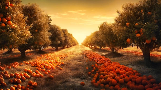 A field of orange trees at sunset