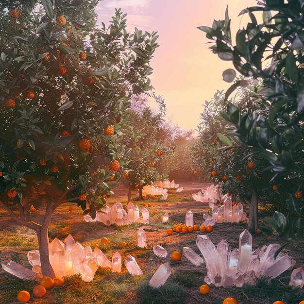 Photo a field of orange trees with oranges and a sunset in the background