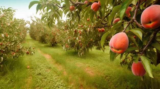 A field of peaches with a green field in the background