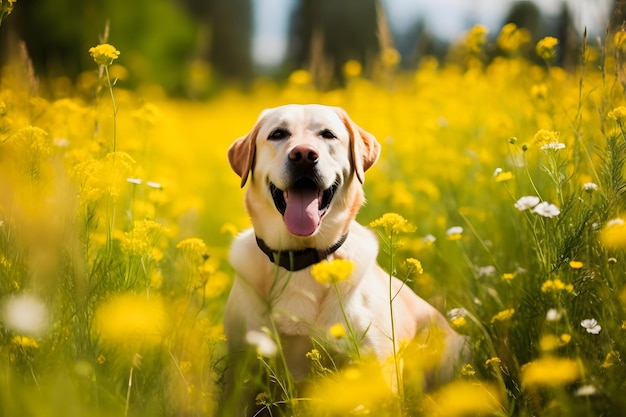 Field of petals adorable labrador retriever in a flowerfilled setting