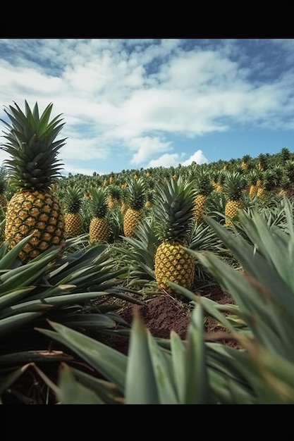 A field of pineapples with a blue sky in the background