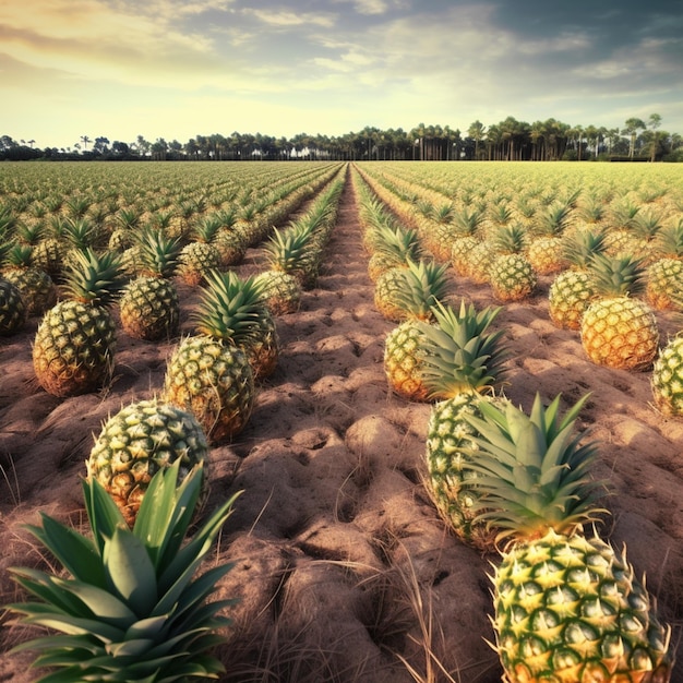 Photo a field of pineapples with a cloudy sky in the background