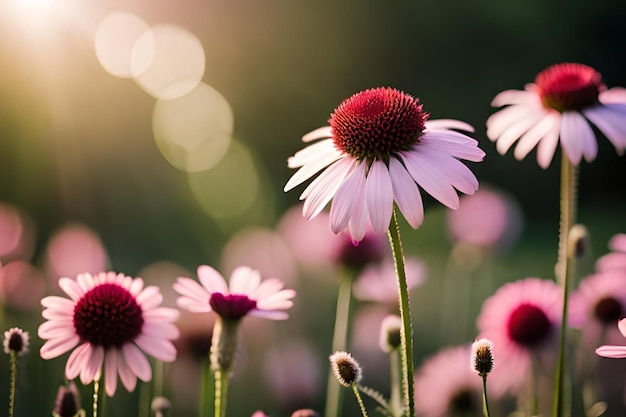 A field of pink daisies with the sun shining on them