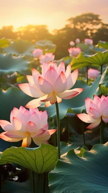 A field of pink flowers with green leaves Tranquil lotus flowers on the pond