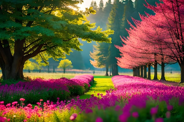 A field of pink flowers with a green tree in the background