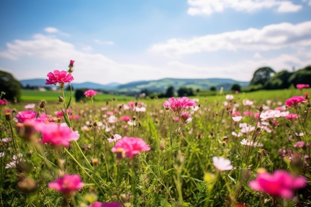 A field of pink flowers with a mountain in the background