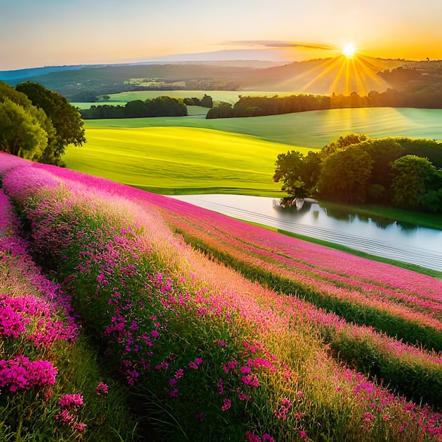 A field of pink flowers with the sun setting behind it