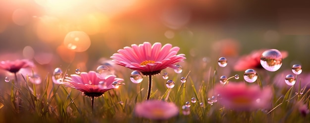 a field of pink flowers with water droplets