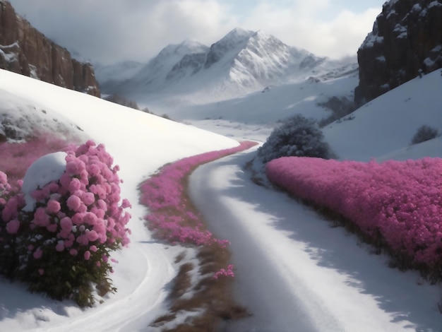 雪に覆われたピンクのバラ畑