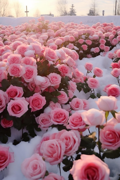 a field of pink roses in snow