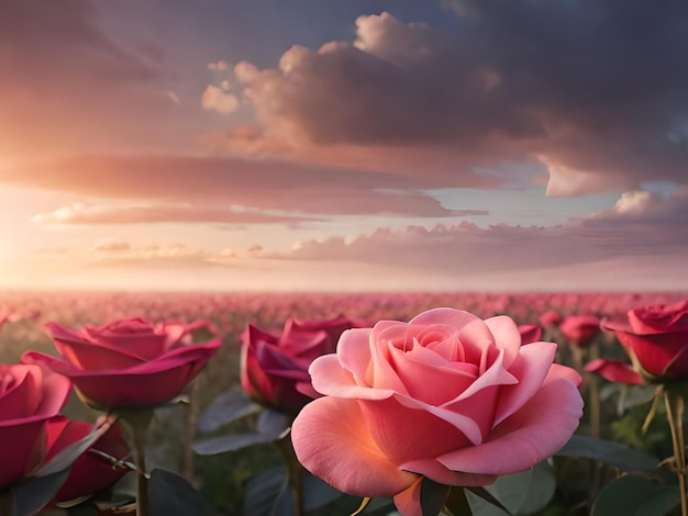 A field of pink roses with a cloudy sky in the background