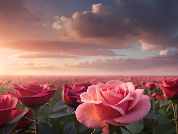 A field of pink roses with a cloudy sky in the background