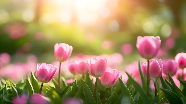 field of pink tulips with blur bokeh sun light
