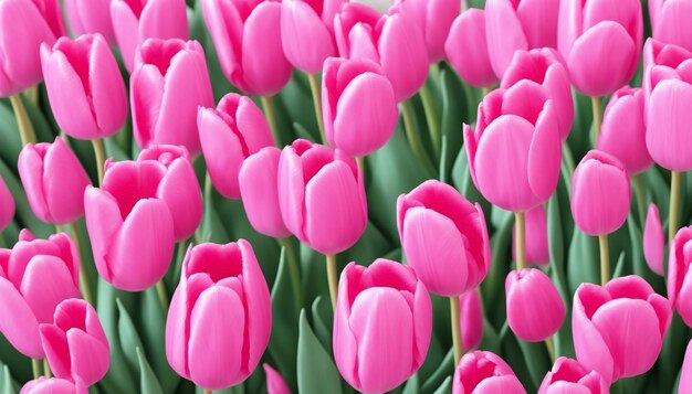 A field of pink tulips with green leaves