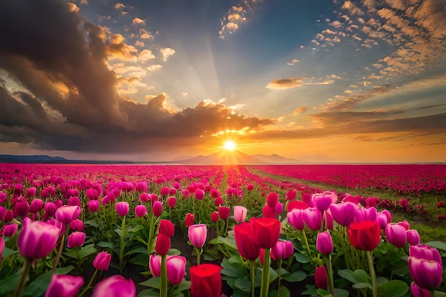 a field of pink tulips with a mountain in the background.