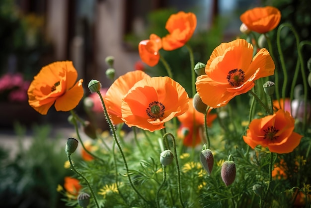 A field of poppies in a garden