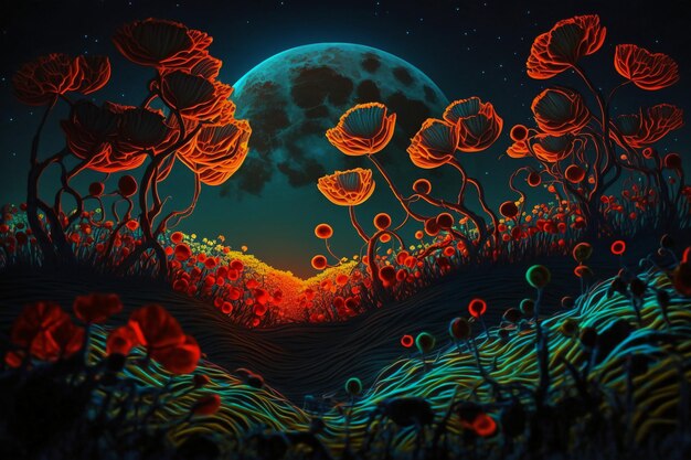Field of poppies in the glow of the moon