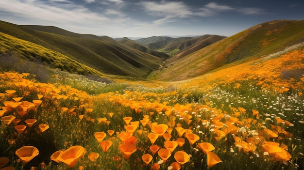 A field of poppies in the mountains