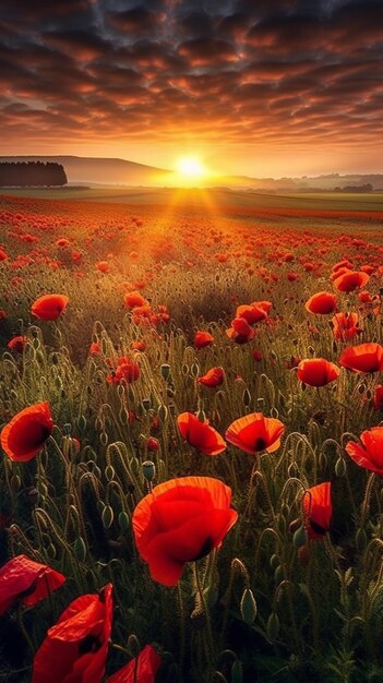 Foto un campo di papaveri al tramonto.