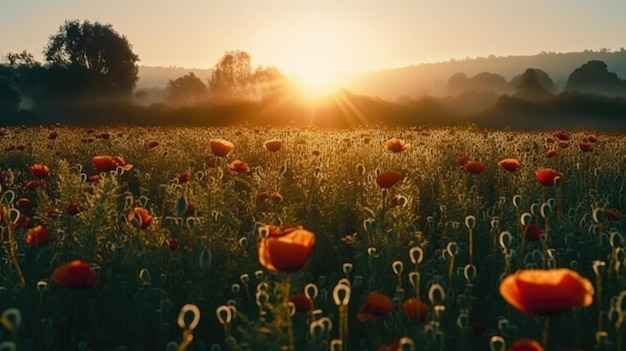 A field of poppies in the sunset