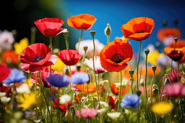 A field of poppies with a blue sky in the background