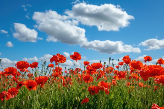 field of poppies with a blue sky and white clouds